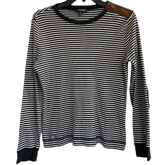 LAUREN RALPH LAUREN Top Stripe Faux Suede Elbow Patch Zipper Detail Size Large - Picture 3 of 9